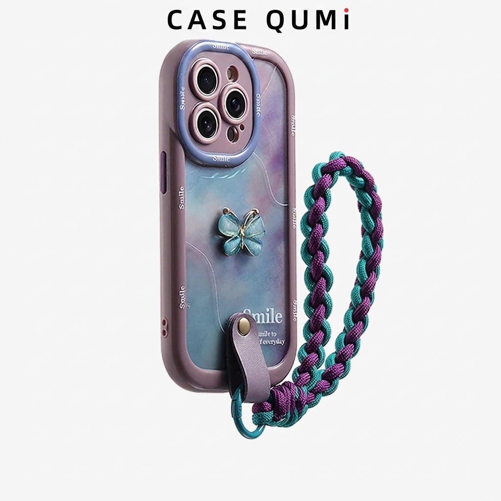Qumi Taşlı Kelebek Desenli Boyun Askılı Sıvı Silikon iPhone Kılıfı