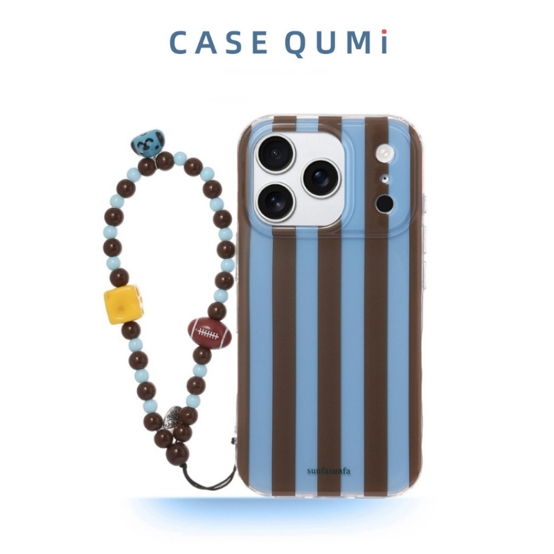 Mavi Kahverengi Çizgili Boncuklu Askılı iPhone Kılıfı