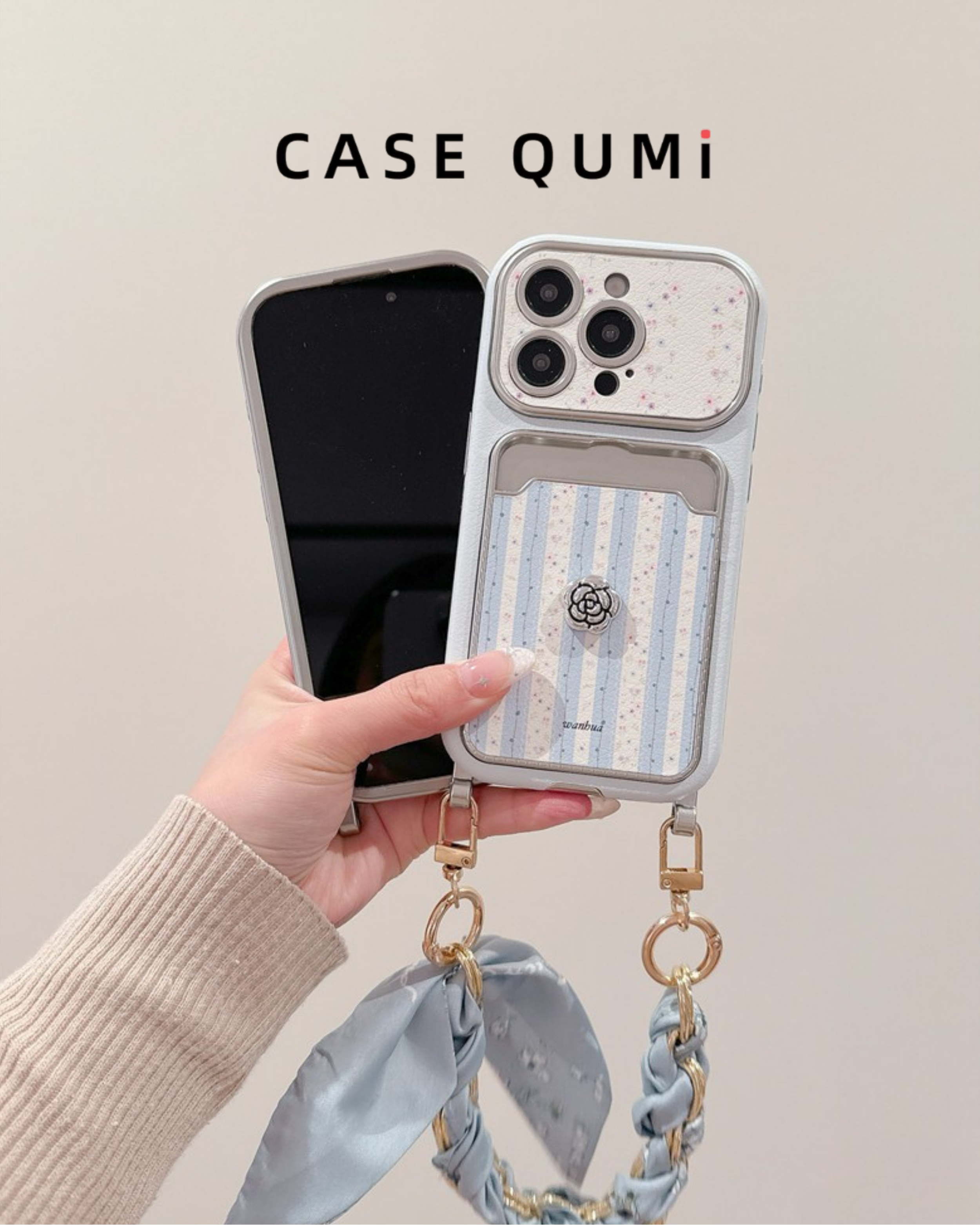Mavi 3D Çiçek Tasarım Düğümlü Zincir Askılı iPhone Kılıfı