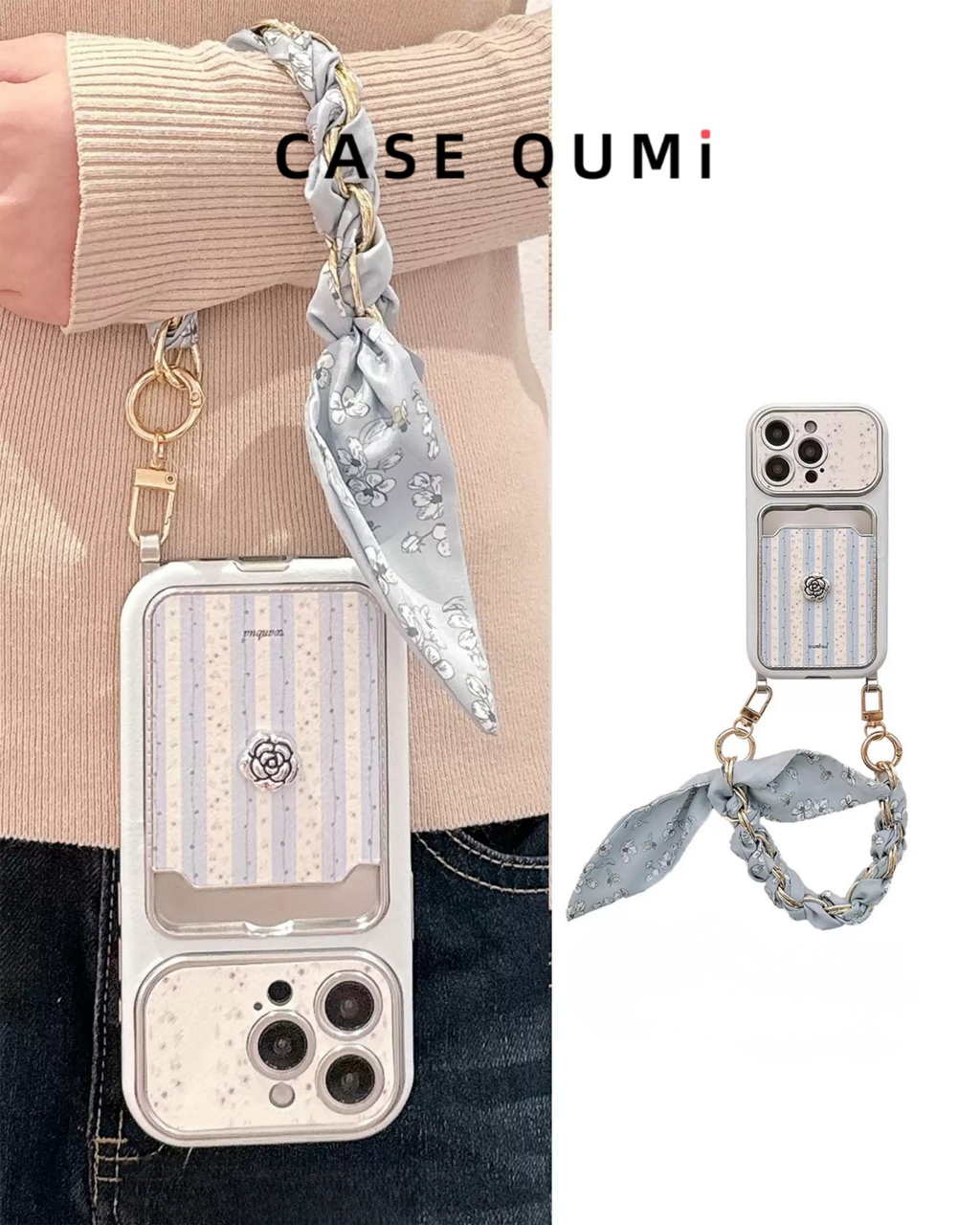 Husă de iPhone cu lanț și nod, cu design floral 3D albastru