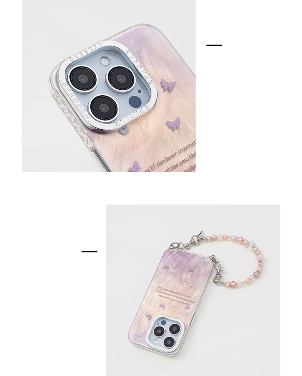 Degrade Mor Kelebek Desenli İnci Detaylı Çapraz Askılı İphone Kılıfı