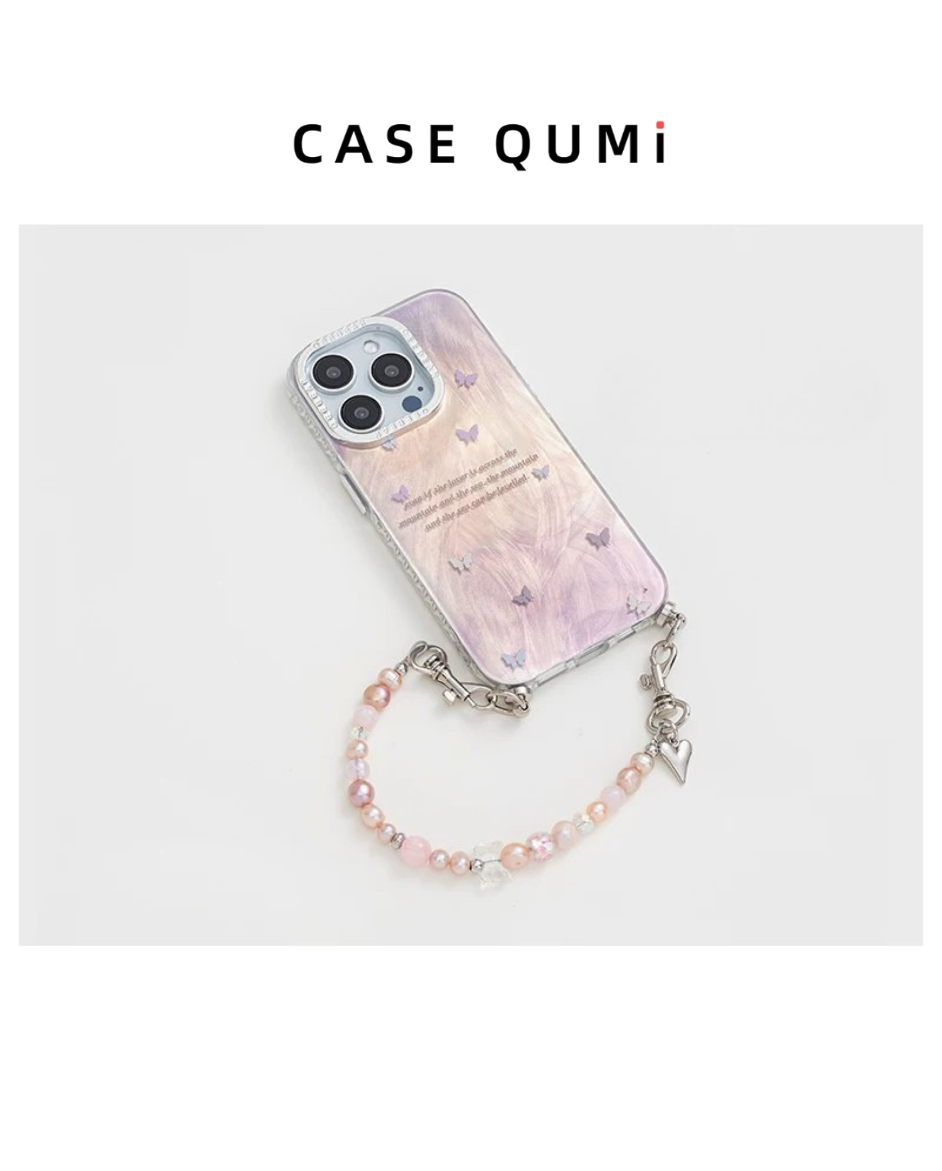 Carcasă crossbody pentru iPhone cu model de fluturi violet degradat și detalii cu perle