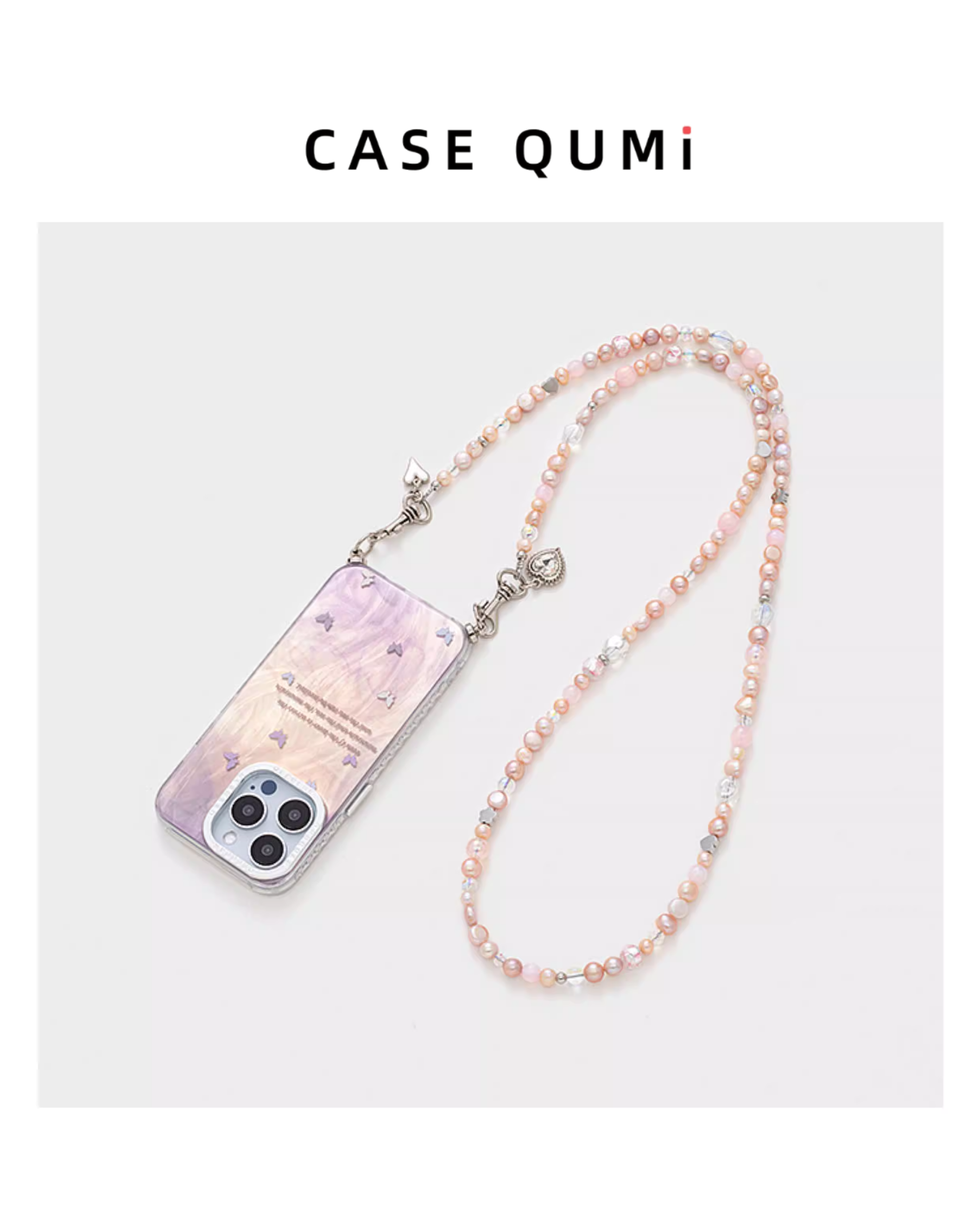 Degrade Mor Kelebek Desenli İnci Detaylı Çapraz Askılı İphone Kılıfı