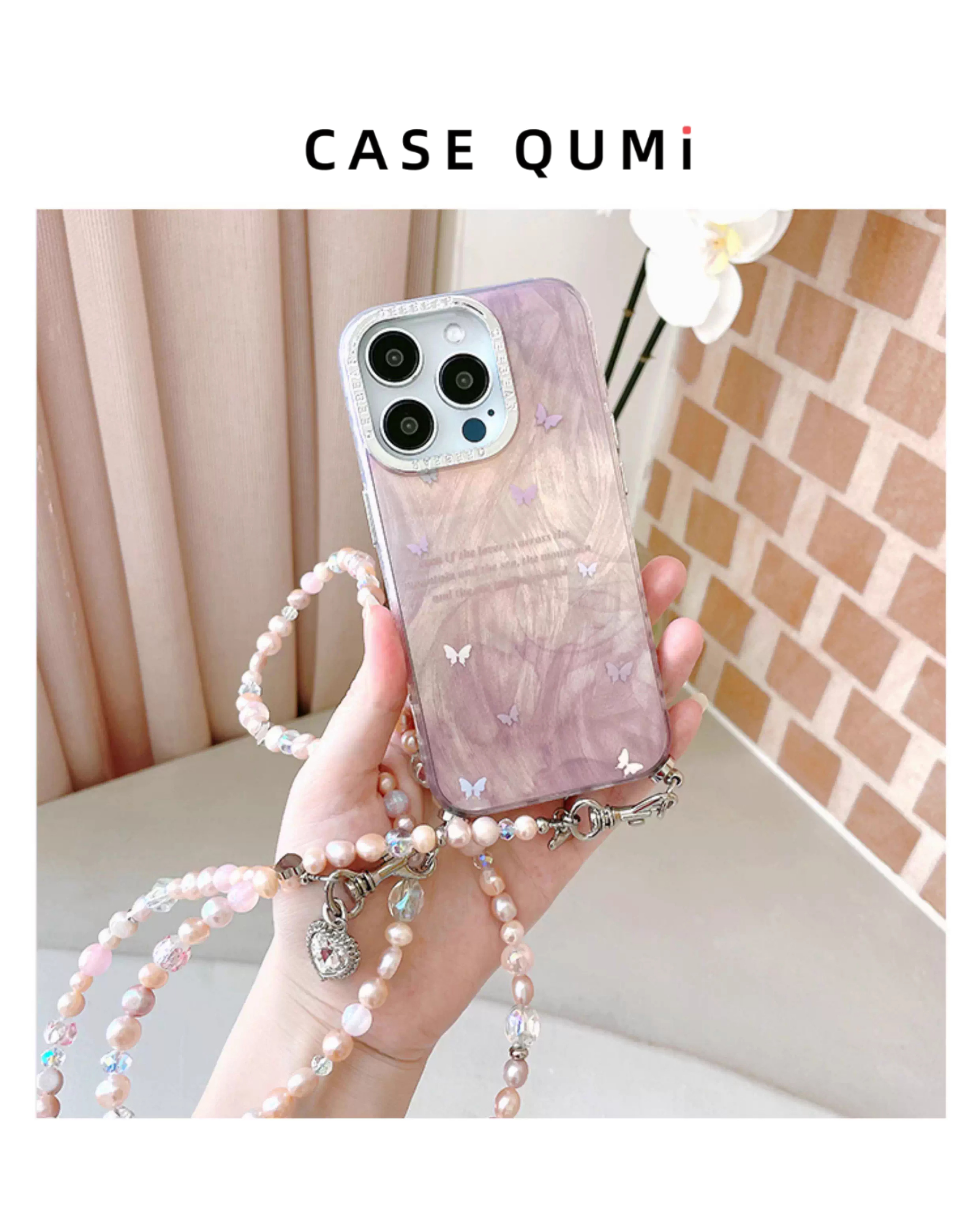 Degrade Mor Kelebek Desenli İnci Detaylı Çapraz Askılı İphone Kılıfı