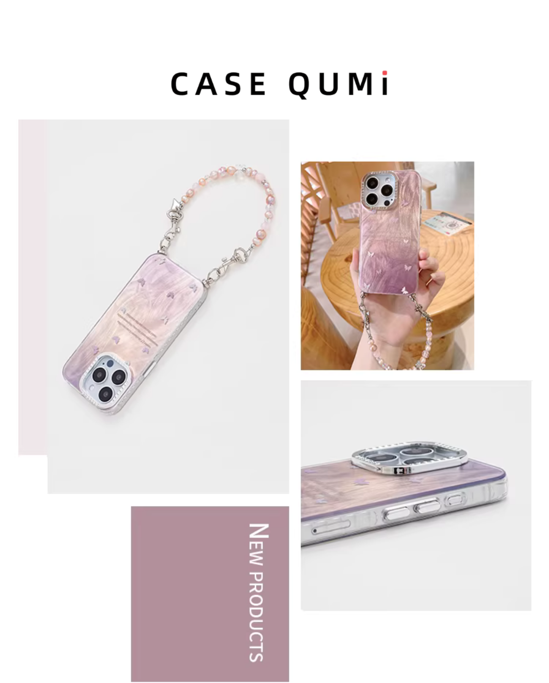 Degrade Mor Kelebek Desenli İnci Detaylı Çapraz Askılı İphone Kılıfı