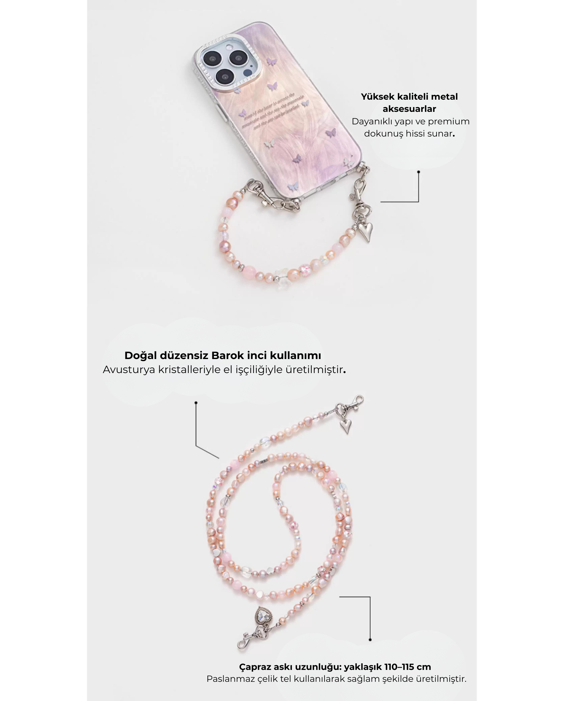 Carcasă crossbody pentru iPhone cu model de fluturi violet degradat și detalii cu perle