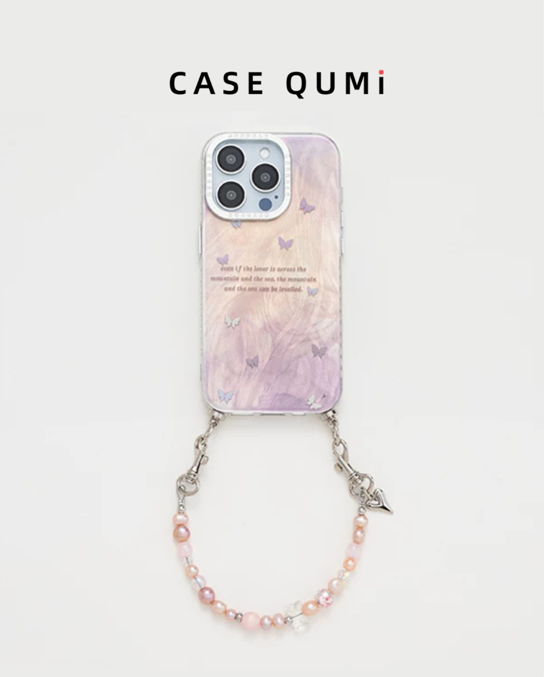 Carcasă crossbody pentru iPhone cu model de fluturi violet degradat și detalii cu perle
