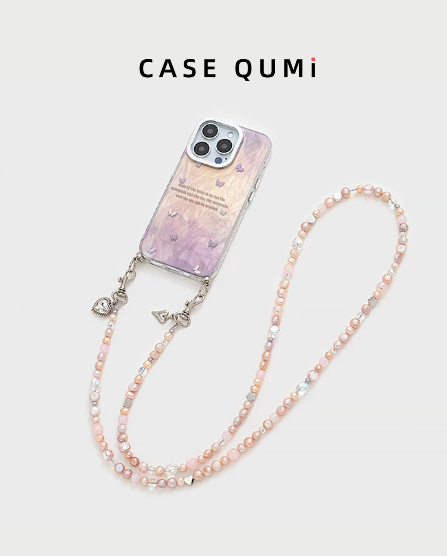 Carcasă crossbody pentru iPhone cu model de fluturi violet degradat și detalii cu perle