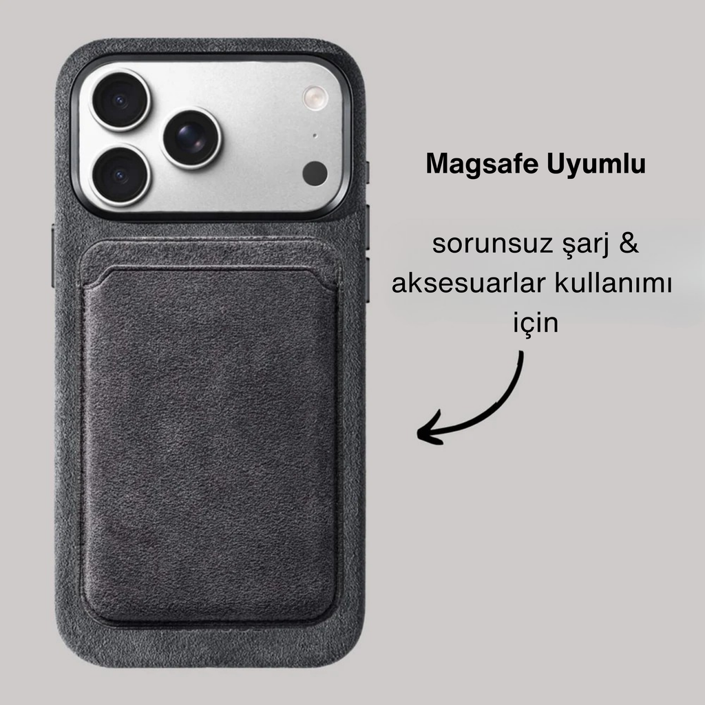 Heltra Alcantara Kılıf ve MagSafe Cüzdan Seti – Şık ve Pratik Koruma