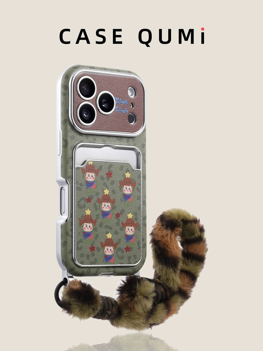 Yeşil Leopar Desenli Kartlık - Peluş Askılı iPhone Kılıfı