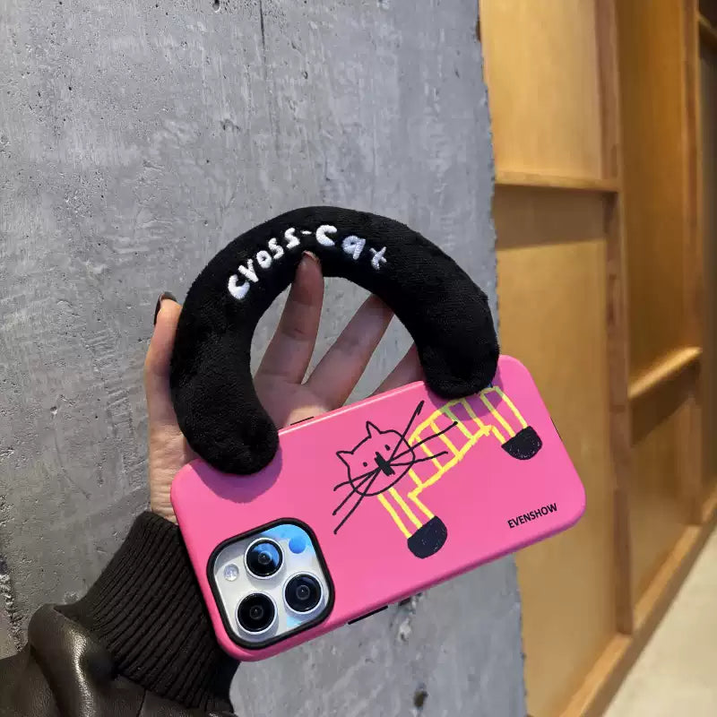 Carcasă de pluș pentru iPhone cu tematică de pisică, cu curea și șnur