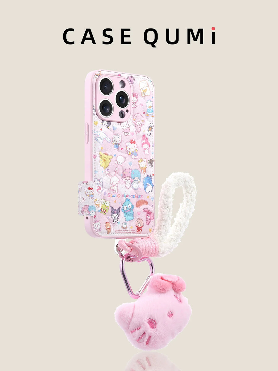 Pembe Yıldız Kabartmalı Hello Kitty Peluş Askılı iPhone Kılıfı