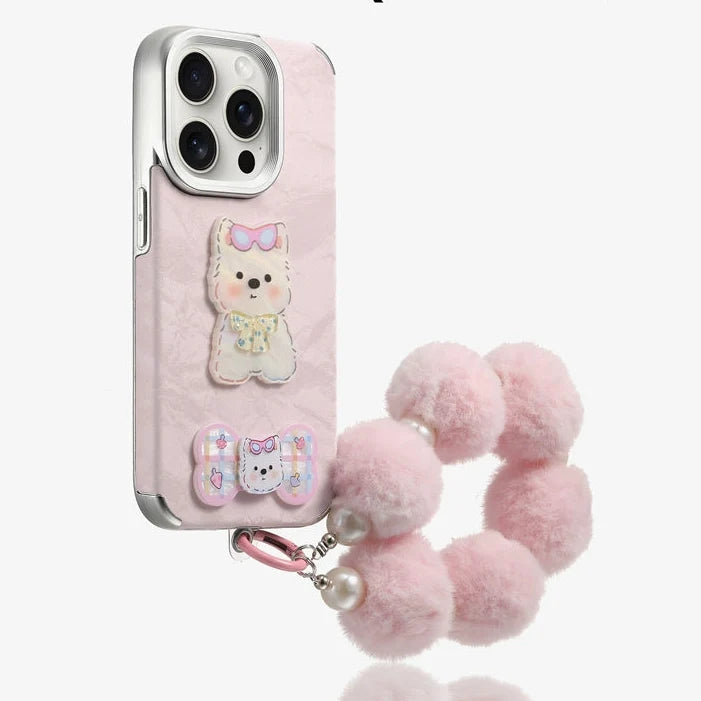 Pembe Peluş Ayıcık Kabartmalı Ponpon Askılı iPhone Kılıfı