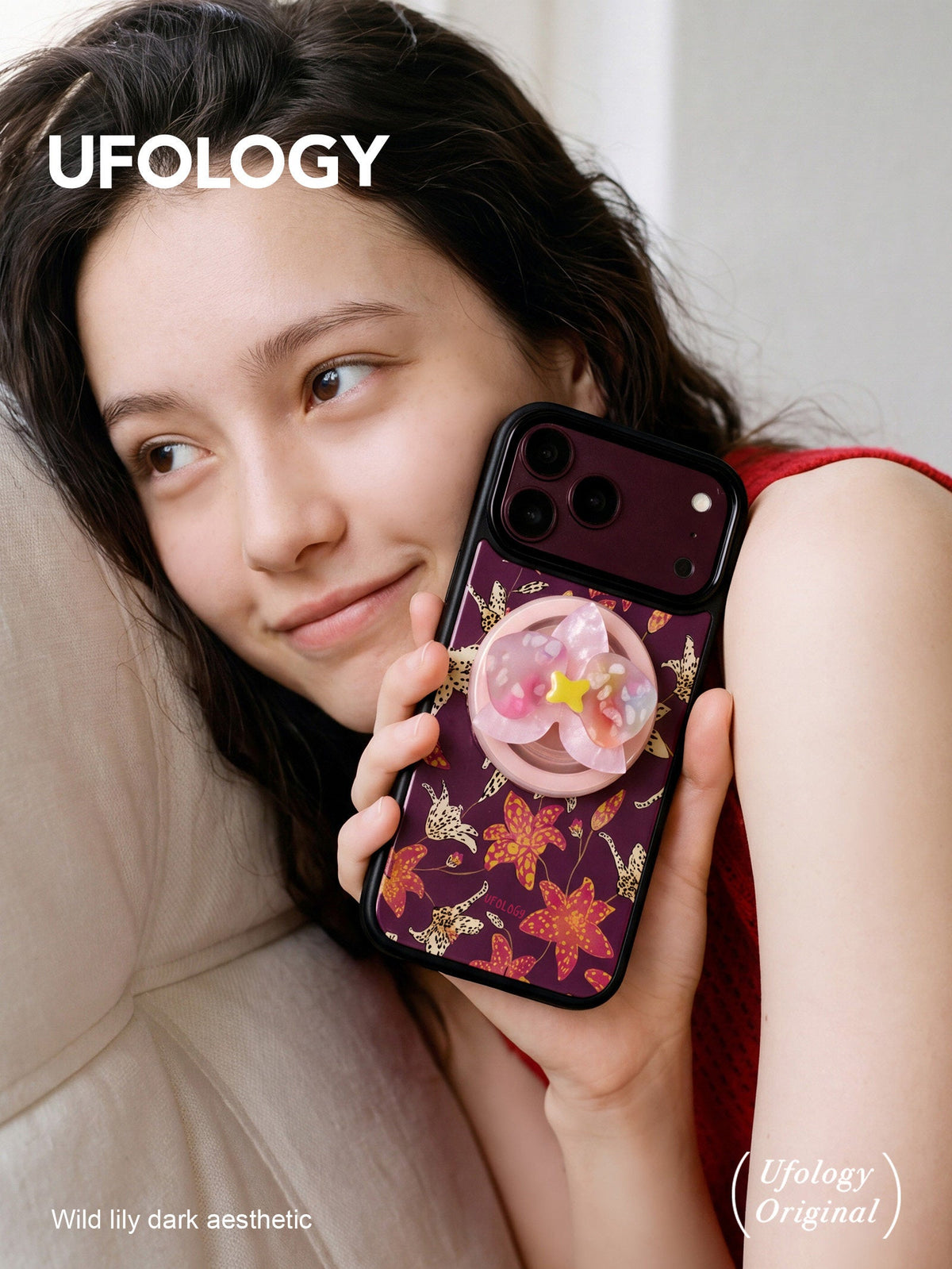 Ufology Bordo Zambak Desenli Manyetik iPhone Kılıfı