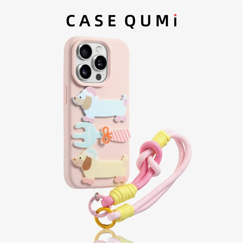 Sarı Pastel Köpek Figürlü Renkli Askılı iPhone Kılıfı