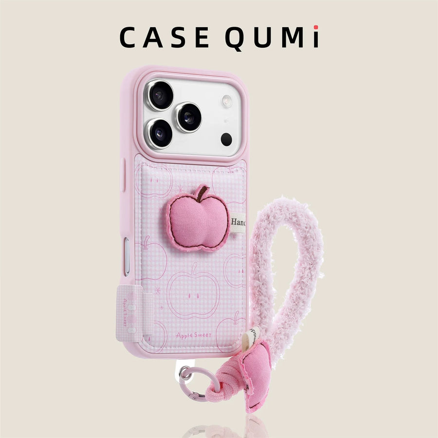 Pembe Kareli 3D Elma Askılı iPhone Kılıfı