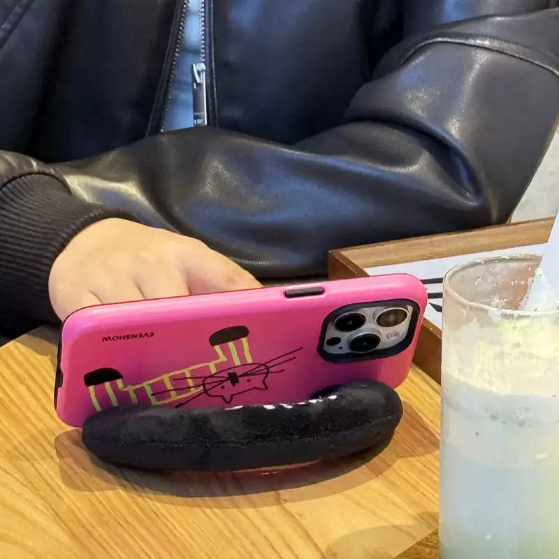 Carcasă de pluș pentru iPhone cu tematică de pisică, cu curea și șnur