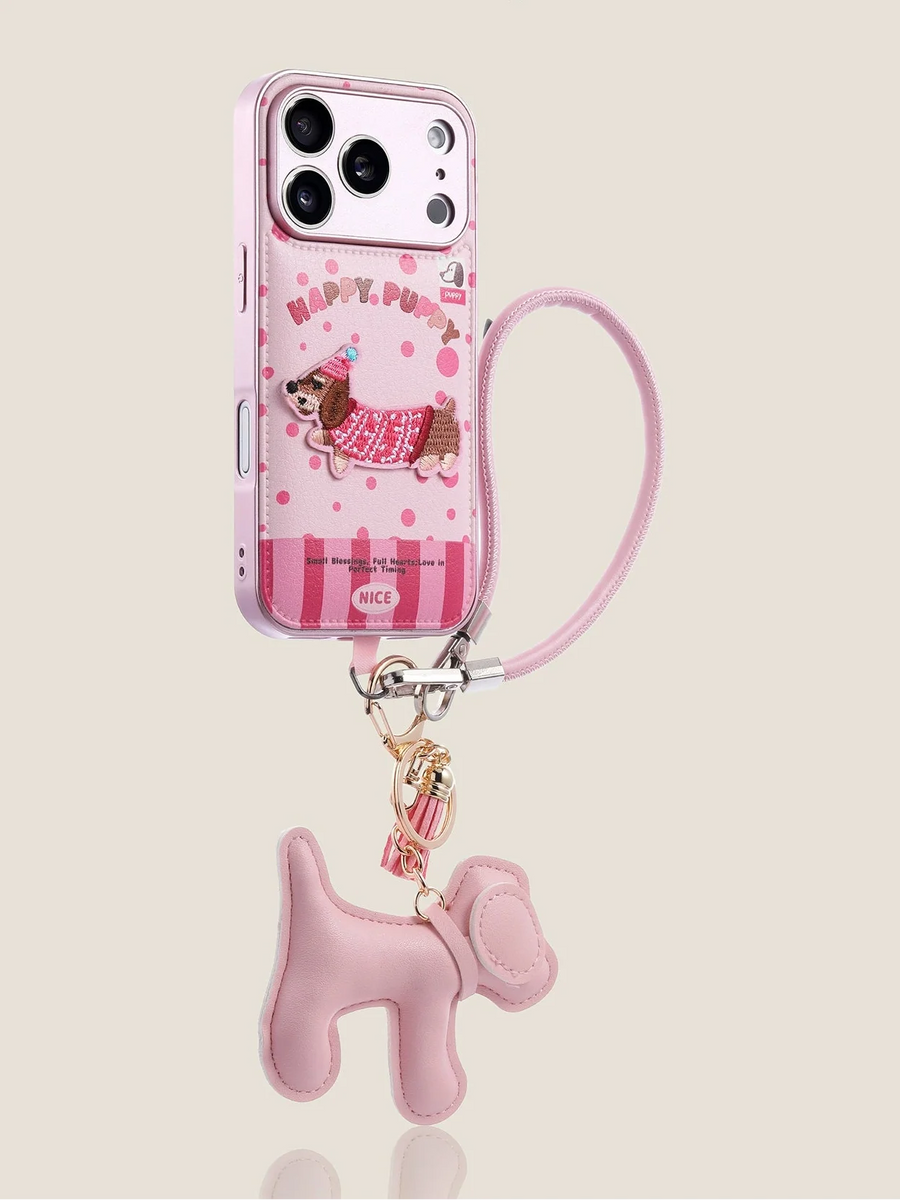Pembe Puantiyeli Dachshund Baskılı Askılı iPhone Kılıfı