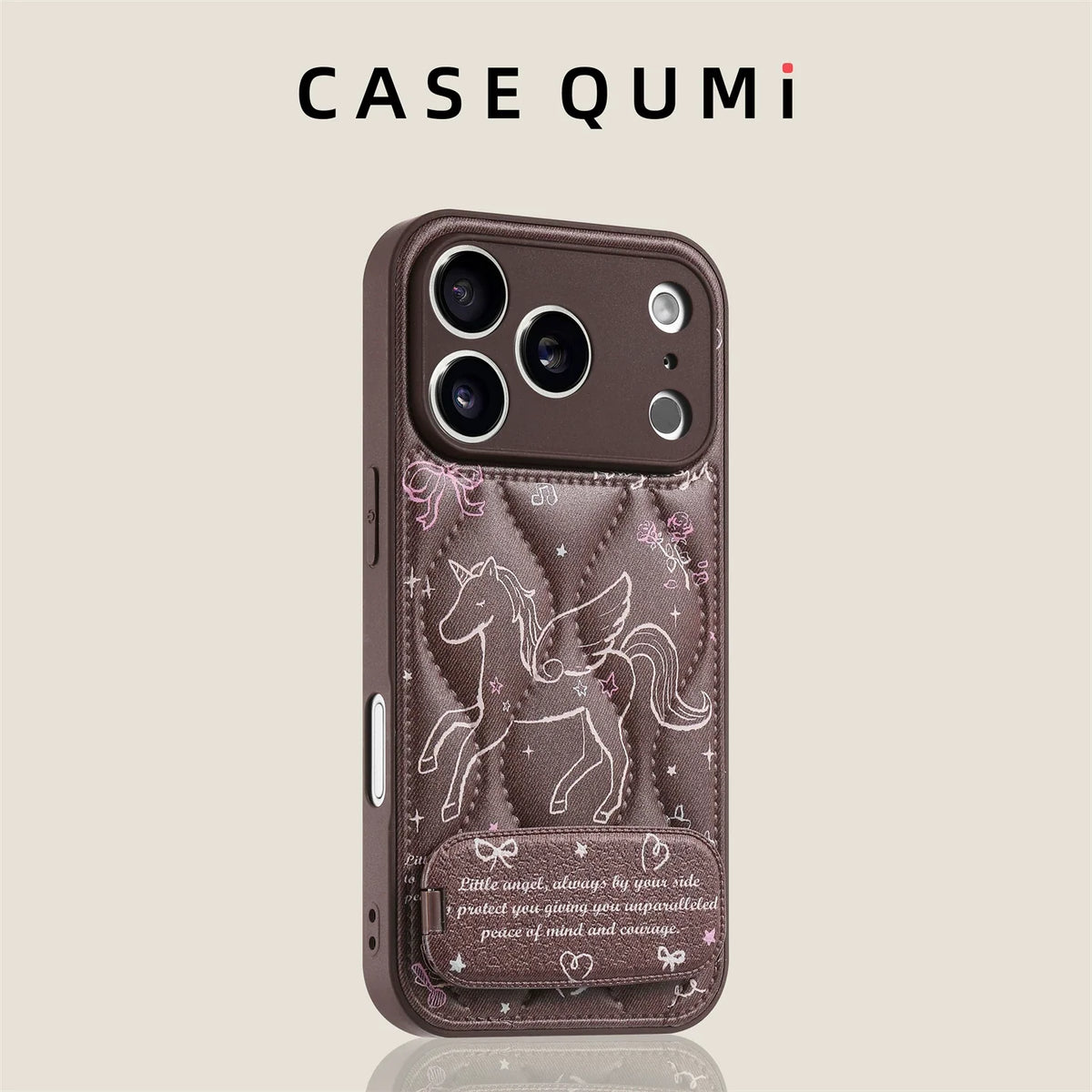 Angels Case İphone Melek ve Pegasus desenli kahverengi deri dokusu