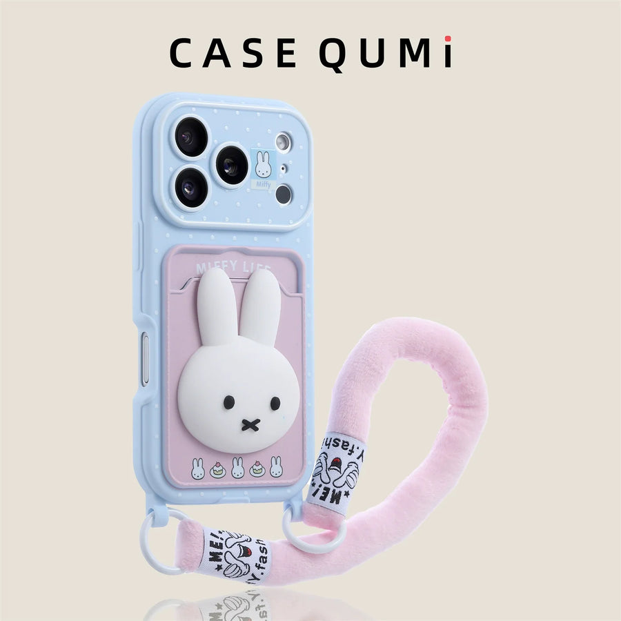 Pastel Mavi Miffy 3D Kartlıklı Askılı iPhone Kılıfı