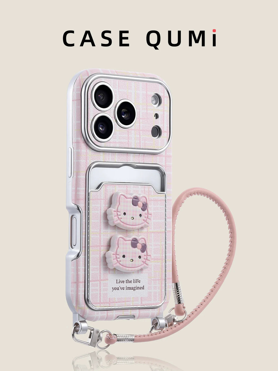Pembe Ekose Kedi Figürlü Kartlıklı Askılı iPhone Kılıfı