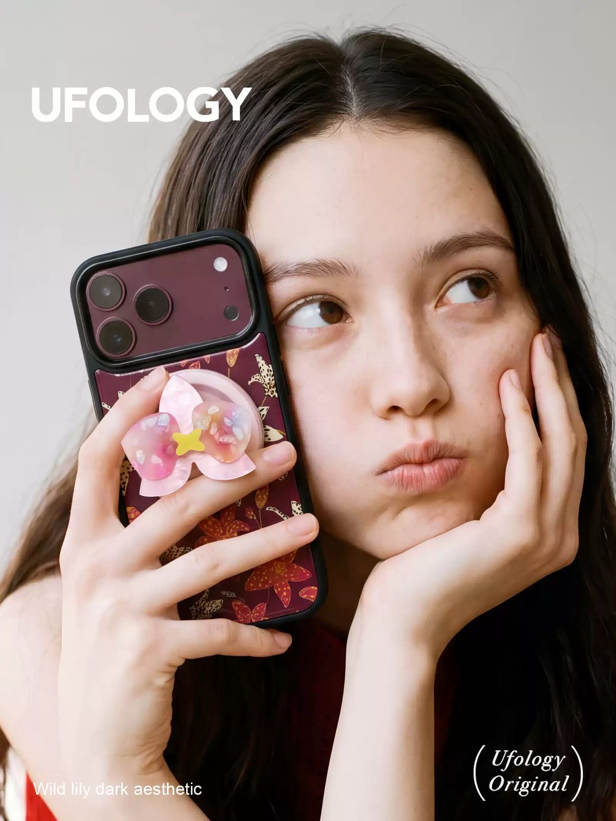 Ufology Bordo Zambak Desenli Manyetik iPhone Kılıfı