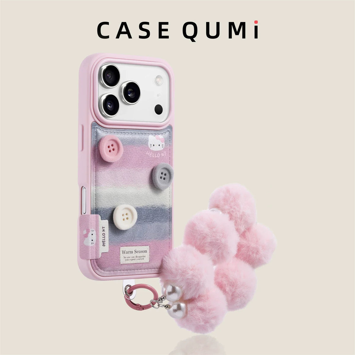 2026 Düğmeli Trend Case İphone Gri ve pembe çizgili Hello Kitty