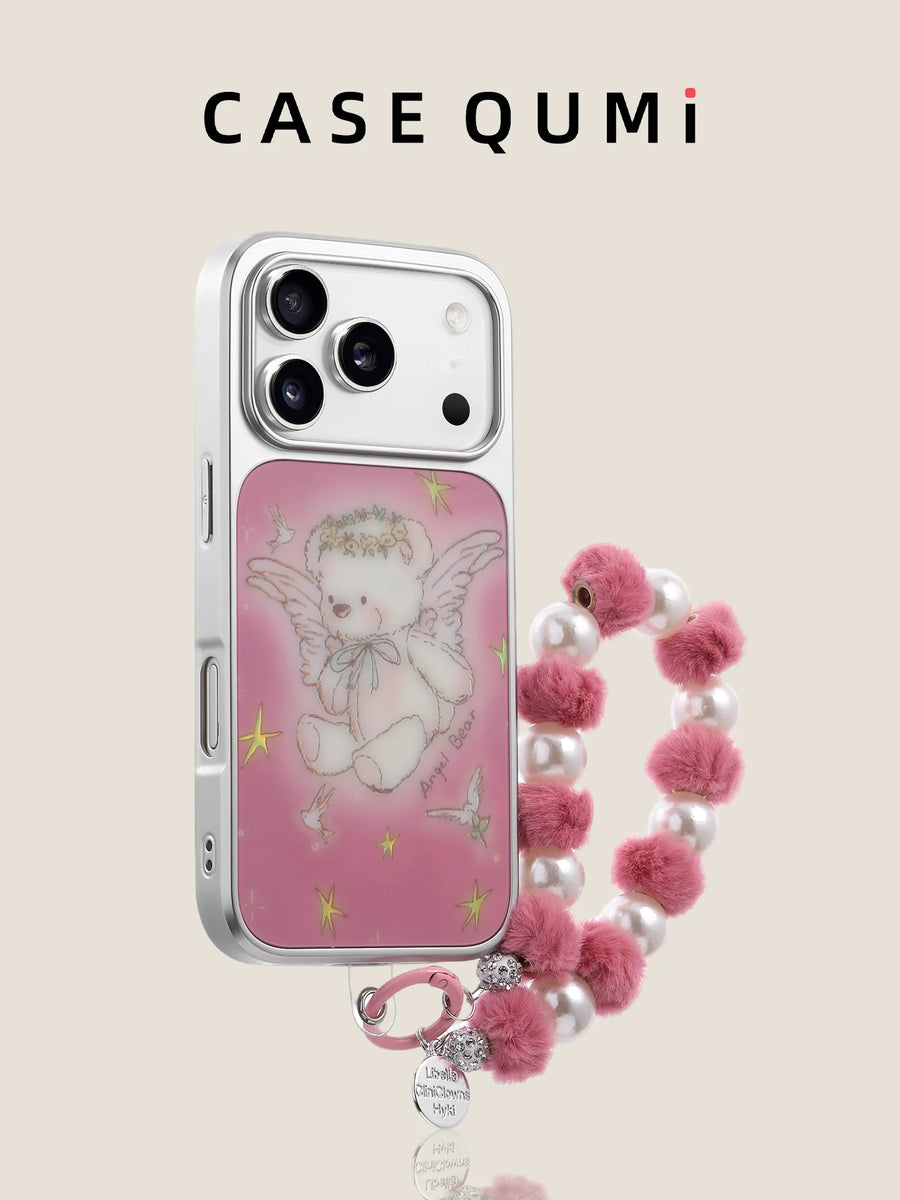 Pembe Melek Ayıcık İncili Ponpon Askılı iPhone Kılıfı