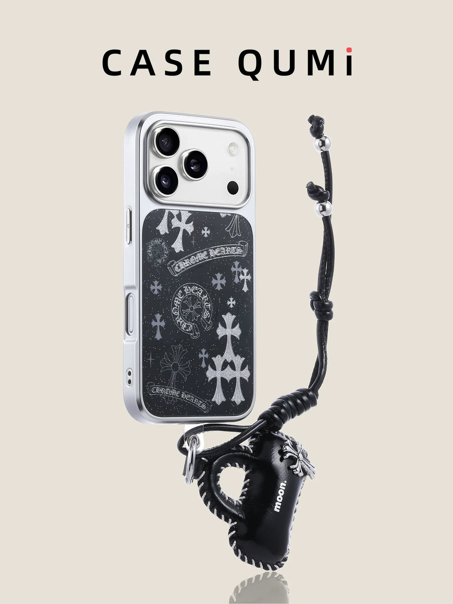 Siyah Gothic Cross Desenli Deri Askılı iPhone Kılıfı