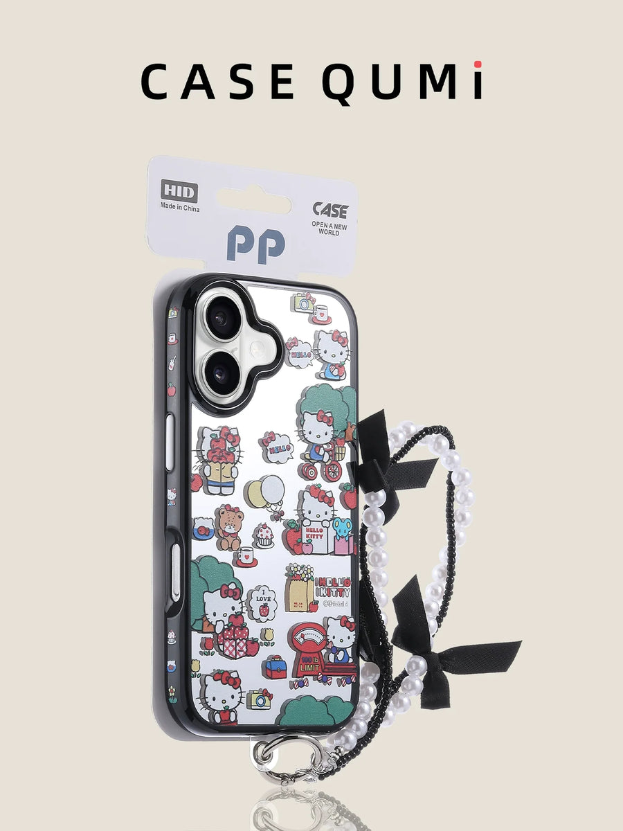 Siyah Çerçeve Hello Kitty Ayna Efektli Askılı iPhone Kılıfı