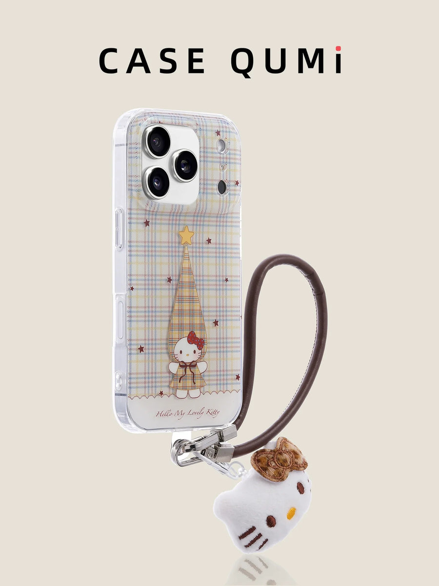 Ekose Desenli Hello Kitty Askılı Şeffaf iPhone Kılıfı