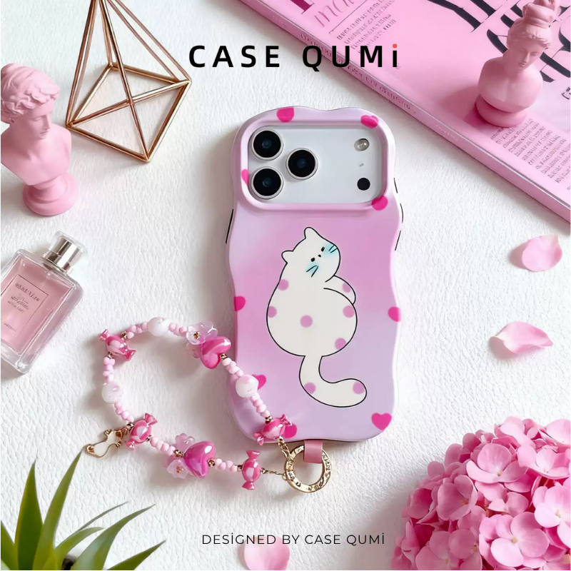 Dalgalı Pembe Kedili Askılı iPhone Kılıfı