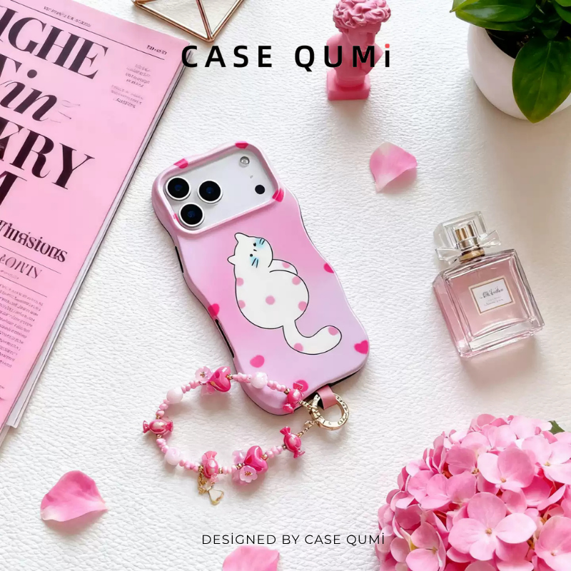 Dalgalı Pembe Kedili Askılı iPhone Kılıfı