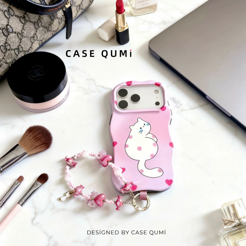 Dalgalı Pembe Kedili Askılı iPhone Kılıfı