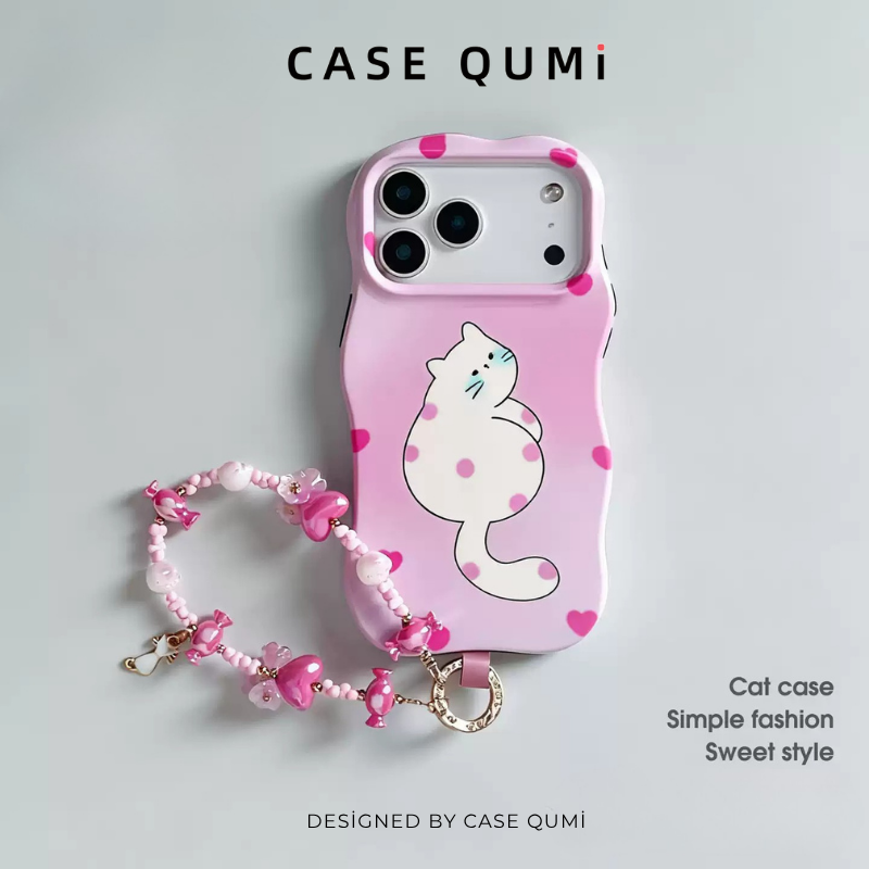 Dalgalı Pembe Kedili Askılı iPhone Kılıfı