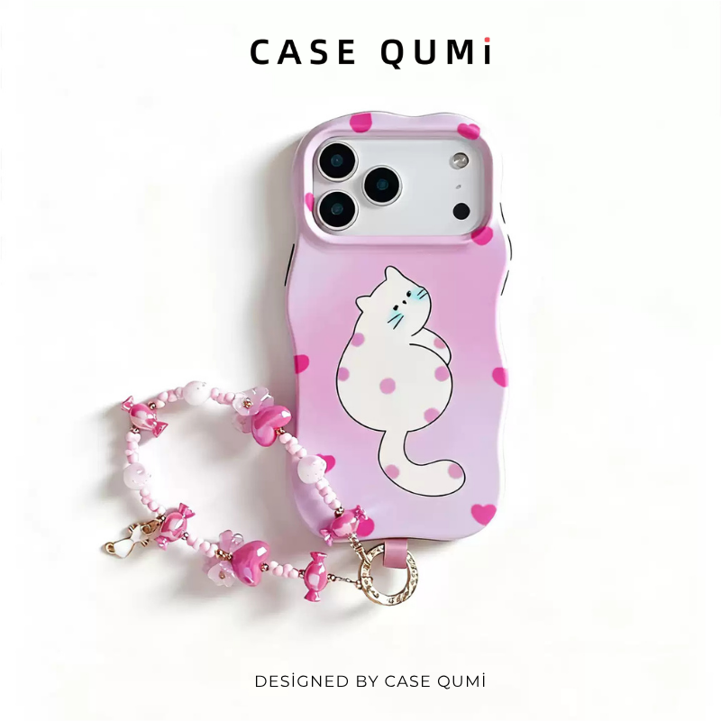 Dalgalı Pembe Kedili Askılı iPhone Kılıfı