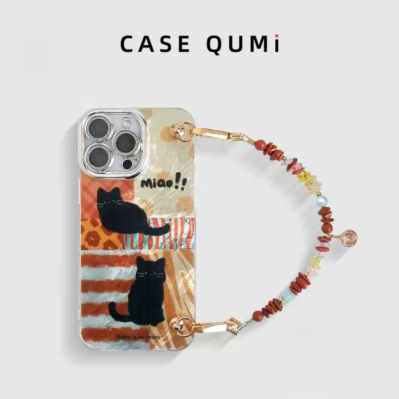 Çok Renkli Kedili Boncuk Askılı iPhone Kılıfı