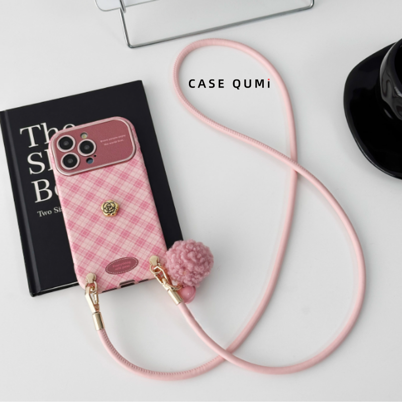 Pembe Ekose Tokalı Askılı Premium iPhone Kılıfı