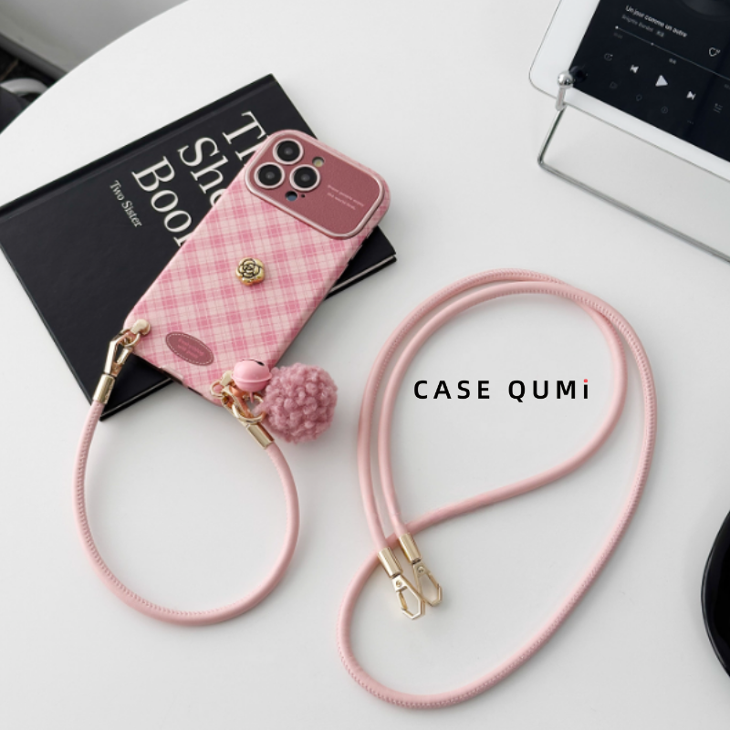 Pembe Ekose Tokalı Askılı Premium iPhone Kılıfı