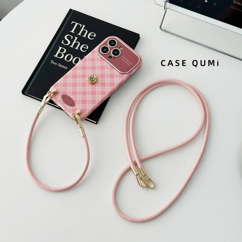 Pembe Ekose Tokalı Askılı Premium iPhone Kılıfı