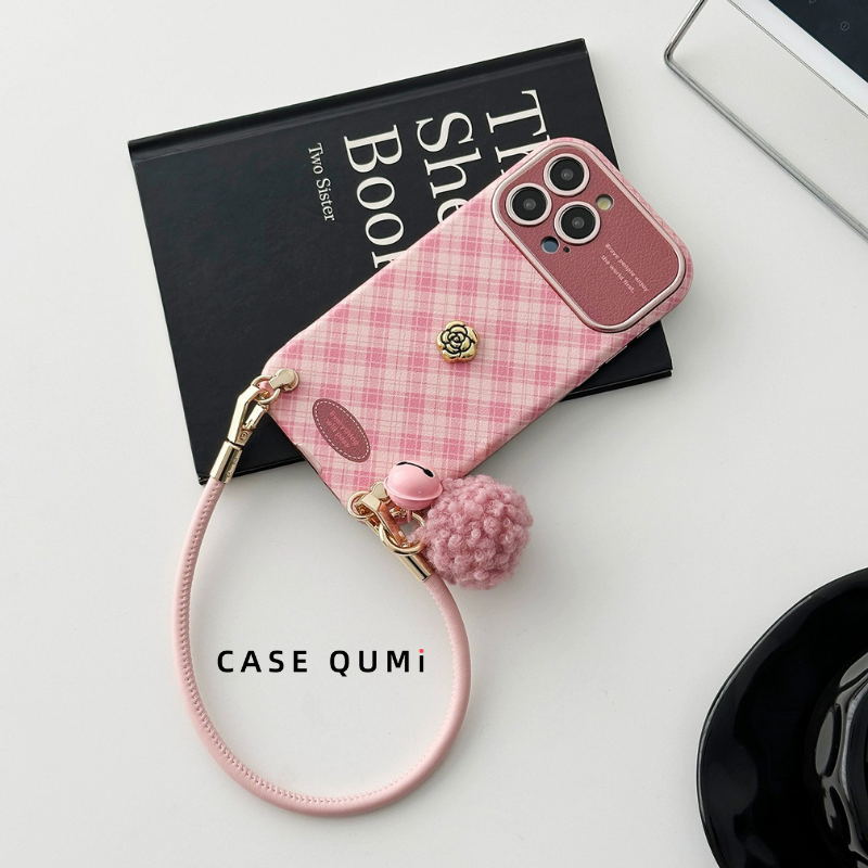 Pembe Ekose Tokalı Askılı Premium iPhone Kılıfı