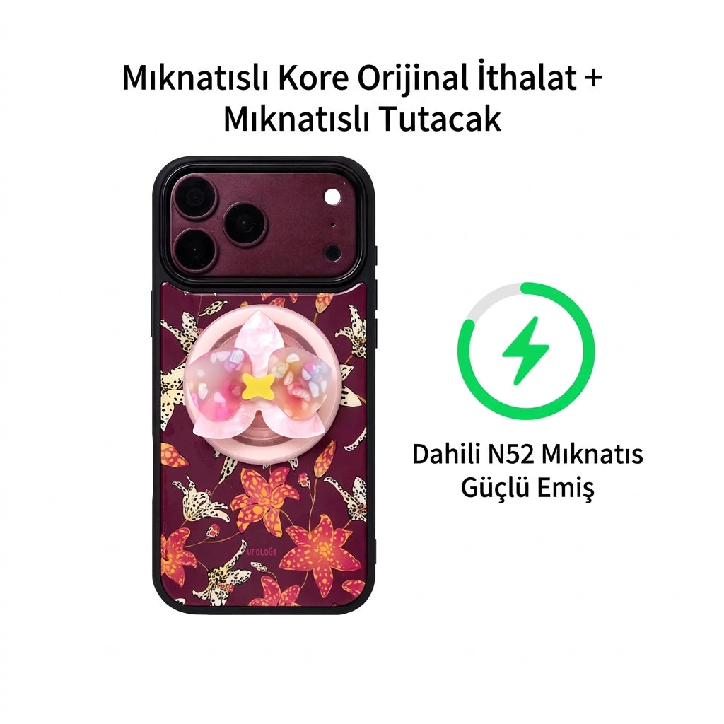 Ufology Bordo Zambak Desenli Manyetik iPhone Kılıfı