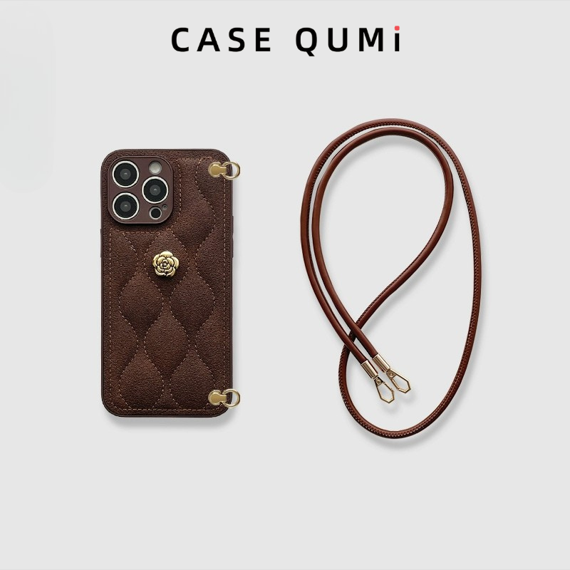 Brown Quilt Çiçek Rozetli Askılı iPhone Kılıfı