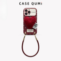 Carcasă de protecție pentru iPhone cu buline roșii, din pluș, cu curea și inimă