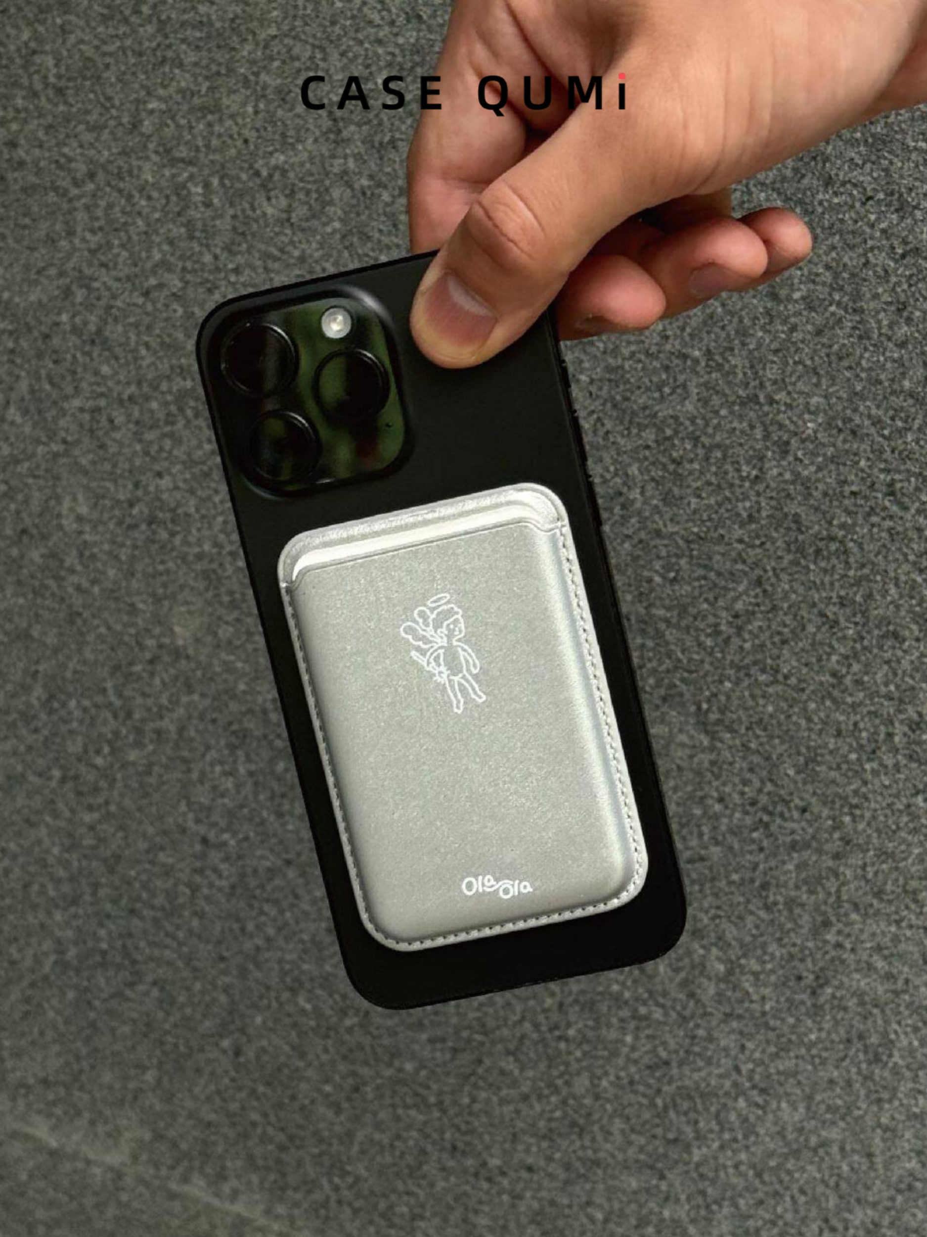 Ola ola Angel Magsafe Suport de card premium din piele argintie