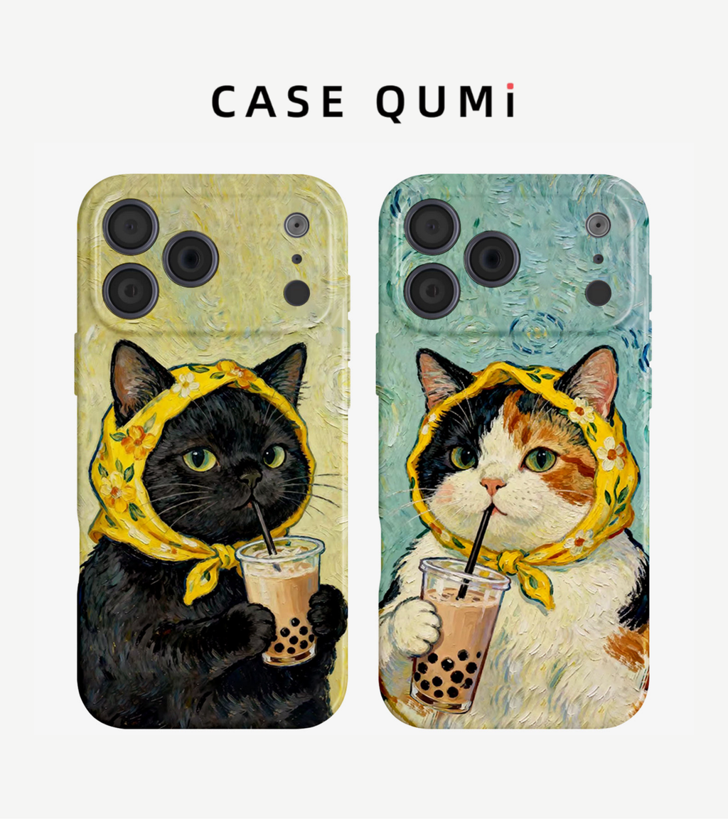 Babushka Cats: Van Gogh Style Bubble Tea MagSafe Compatible iPhone Case