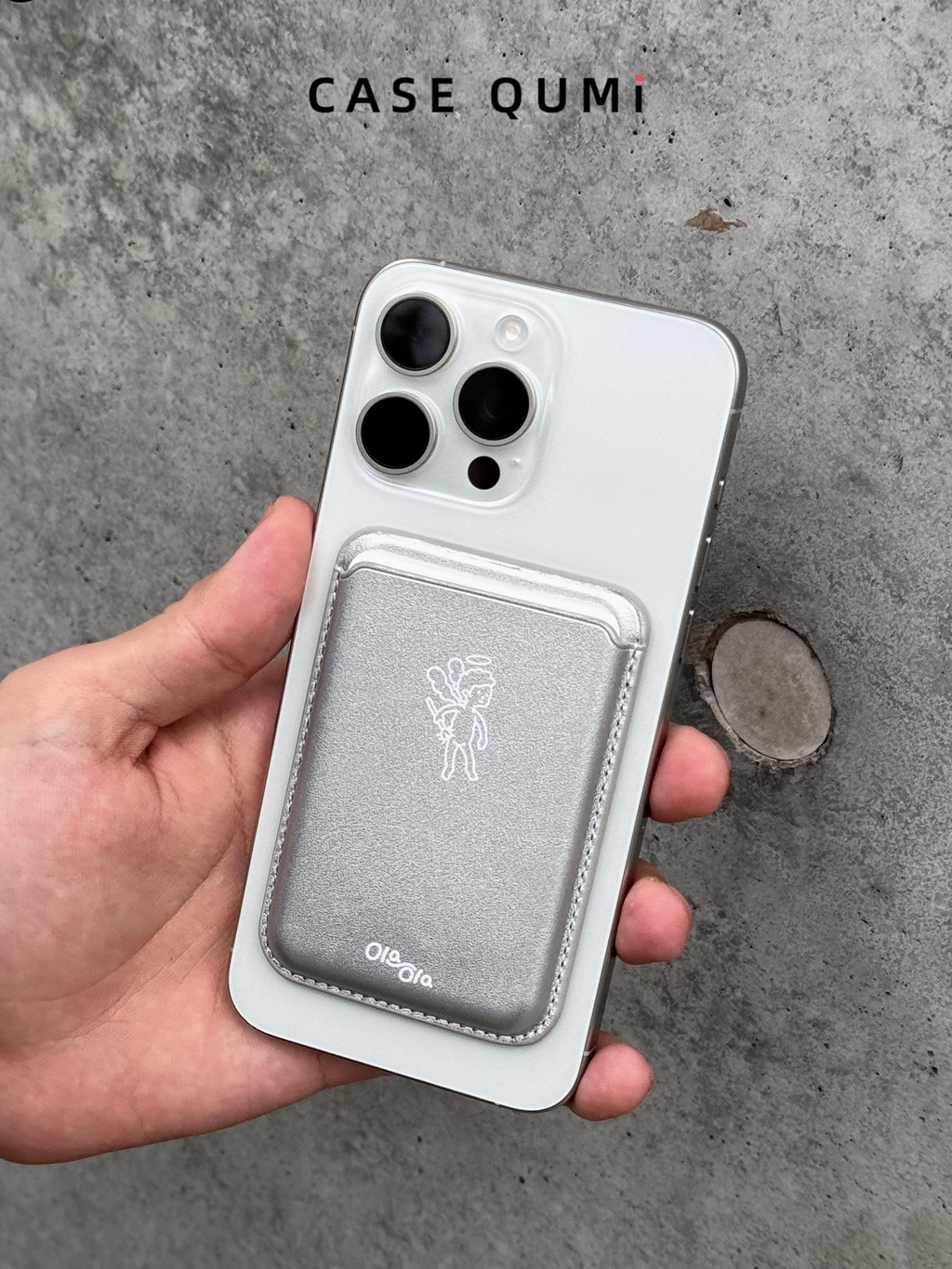 Ola ola Angel Magsafe Suport de card premium din piele argintie