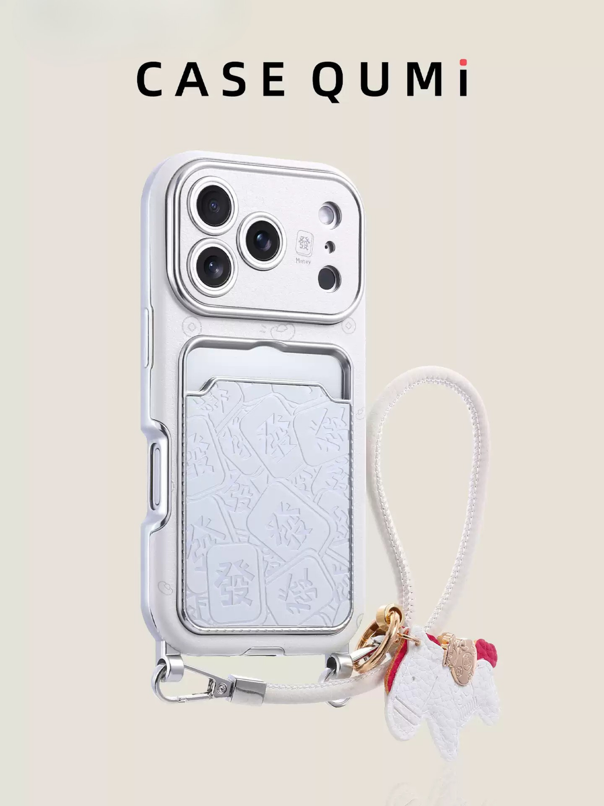 Husă pentru iPhone cu card și șnur, cu imprimeu cu litere albe