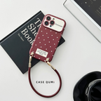 Carcasă de protecție pentru iPhone cu buline roșii, din pluș, cu curea și inimă