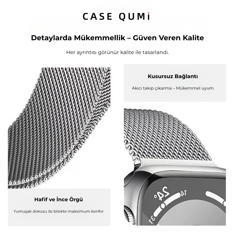 Apple Watch Metal Manyetik Kordon - Çift Katlı Stil Oval Toka (Gümüş)